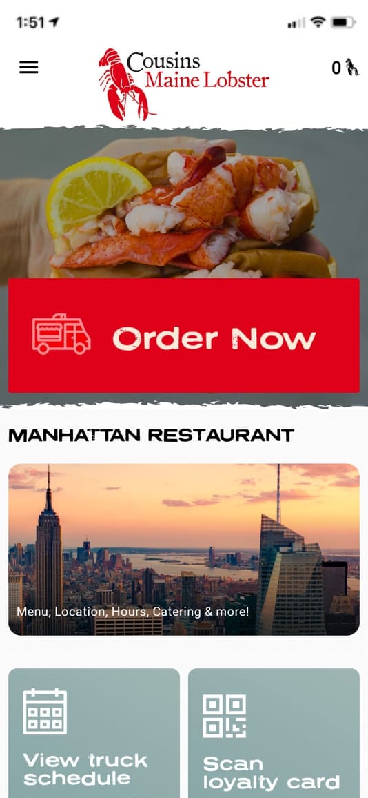 A screenshot of our Mobile App homepage, showing a button you click to start your mobile order.